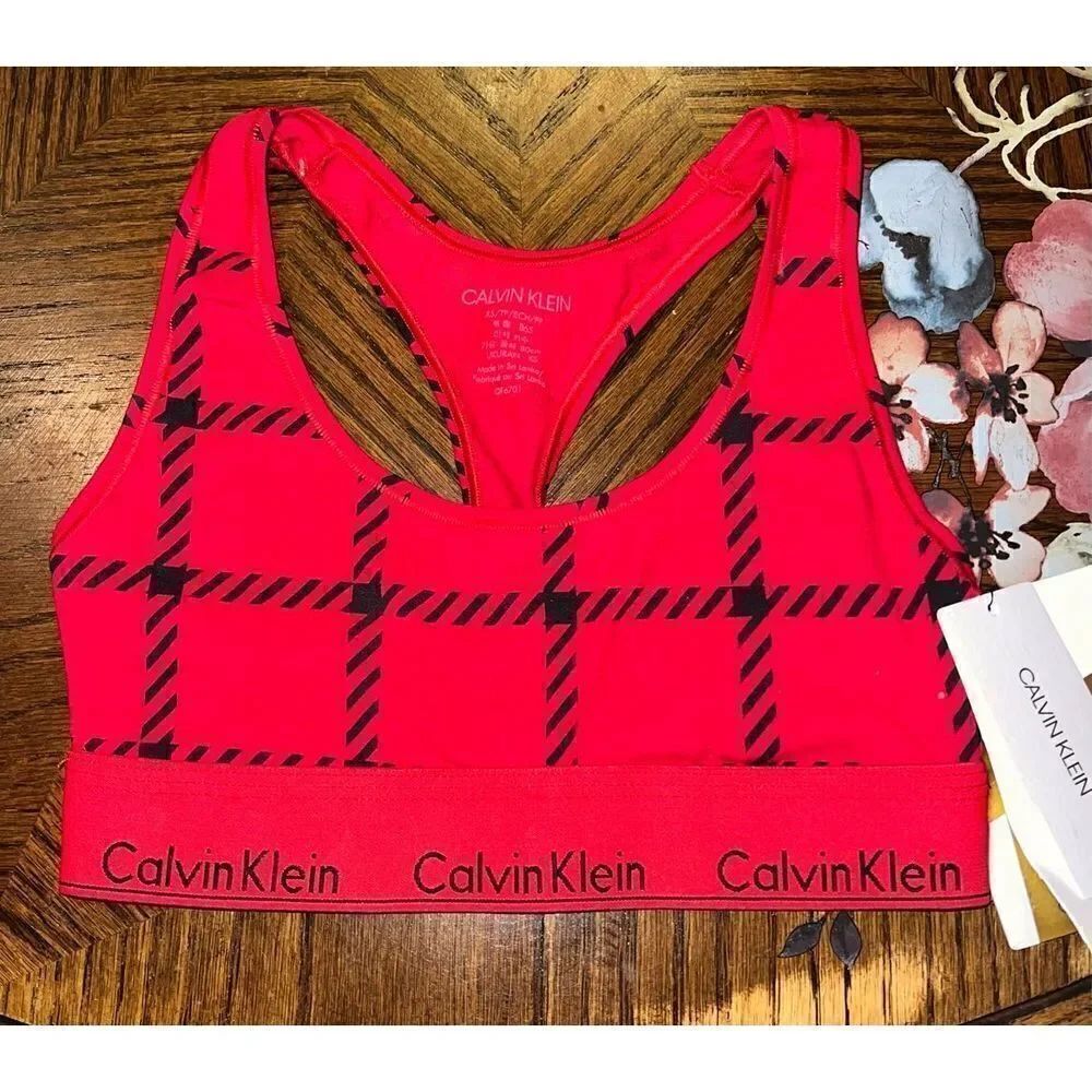 Calvin Klein NWT Modern Cotton Plaid Logo Band bra Sports Sz XS